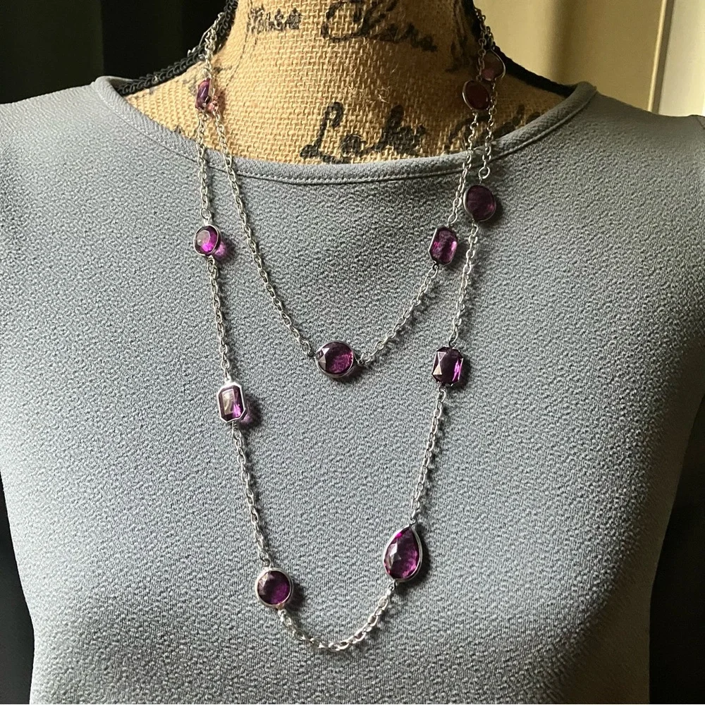 Long purple gemstone and silver chain necklace